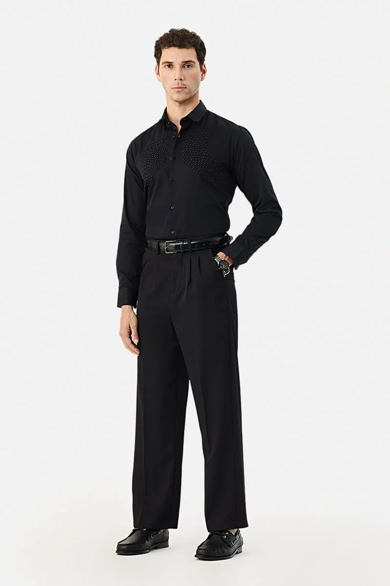 SNITCH Black Embellished Long Sleeve Slim Fit Formal Luxe Shirt
