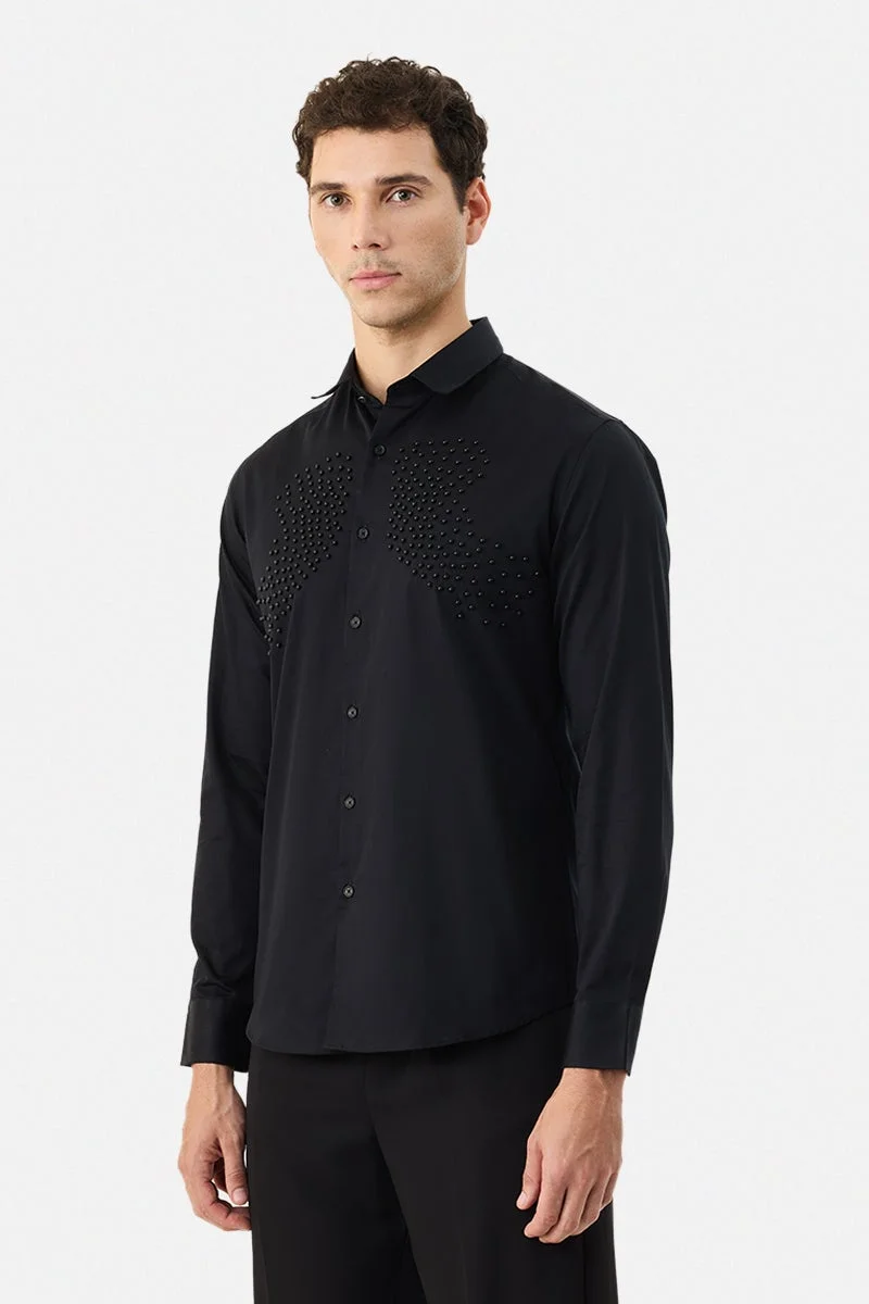 SNITCH Black Embellished Long Sleeve Slim Fit Formal Luxe Shirt