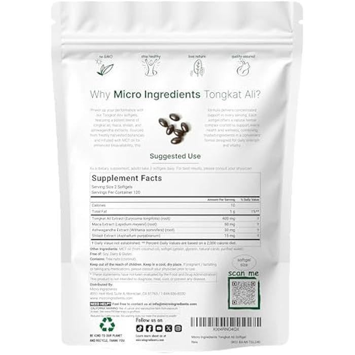 Micro Ingredients Tongkat Ali+ for Men with Maca, Shilajit, & Ashwagandha | 240 Softgels with MCT Oil for Better Absorption | Max Strength Eurycoma Longifolia Extract (Longjack) | Non-GMO, Gluten Free - Image 2