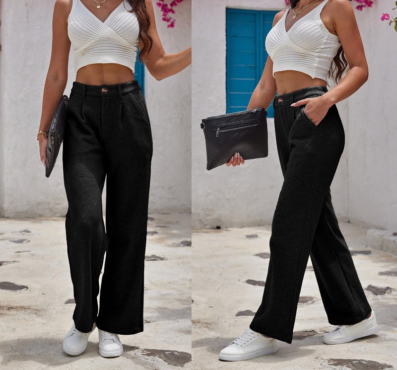 heipeiwa Women's Fleece Lined Winter Thermal Flannel Knit Wide Leg Pants Trouser Casual Dressy Outfit - Image 3