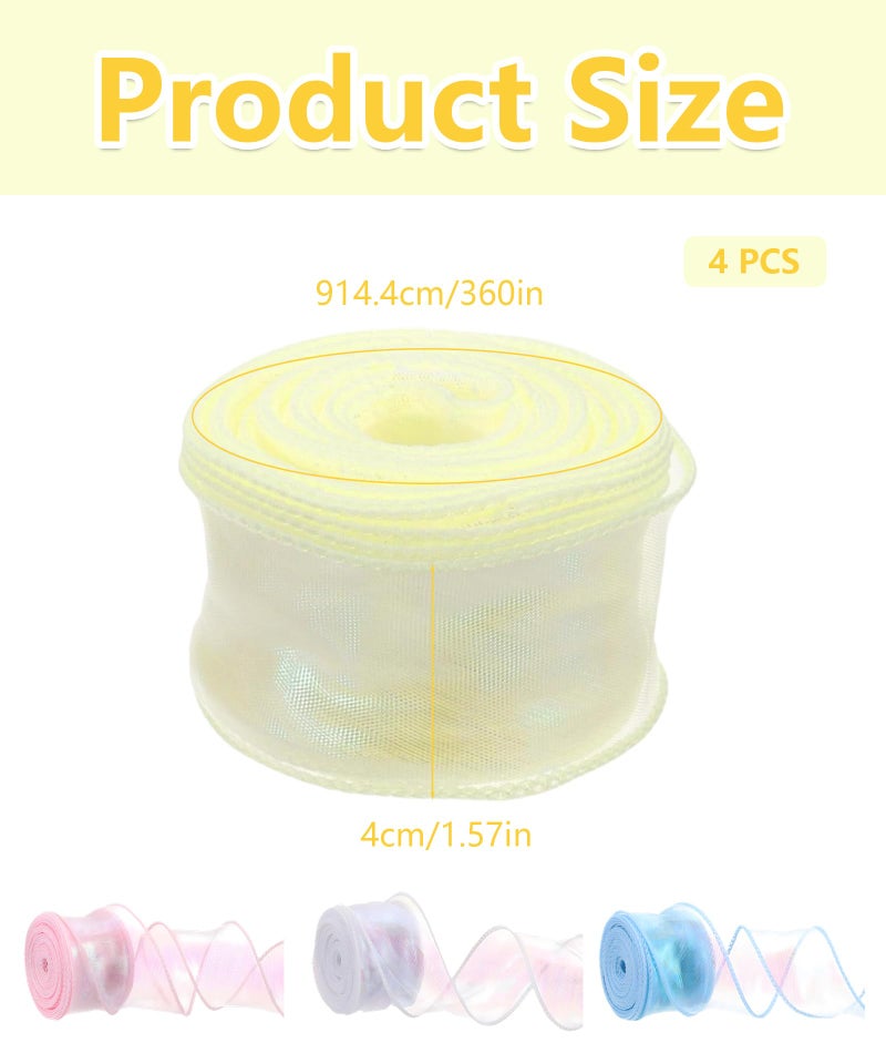 BharatBazaar Organza Ribbon, 4 Rolls Sheer Fabric Ribbon for Gift Wrapping, Wedding Decor, DIY Crafts, Party Decorations, 4cm x 10 Yards, Pink Blue White Yellow - Image 2