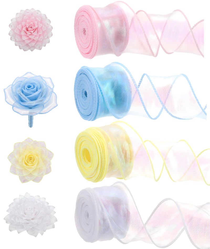 BharatBazaar Organza Ribbon, 4 Rolls Sheer Fabric Ribbon for Gift Wrapping, Wedding Decor, DIY Crafts, Party Decorations, 4cm x 10 Yards, Pink Blue White Yellow - Image 1