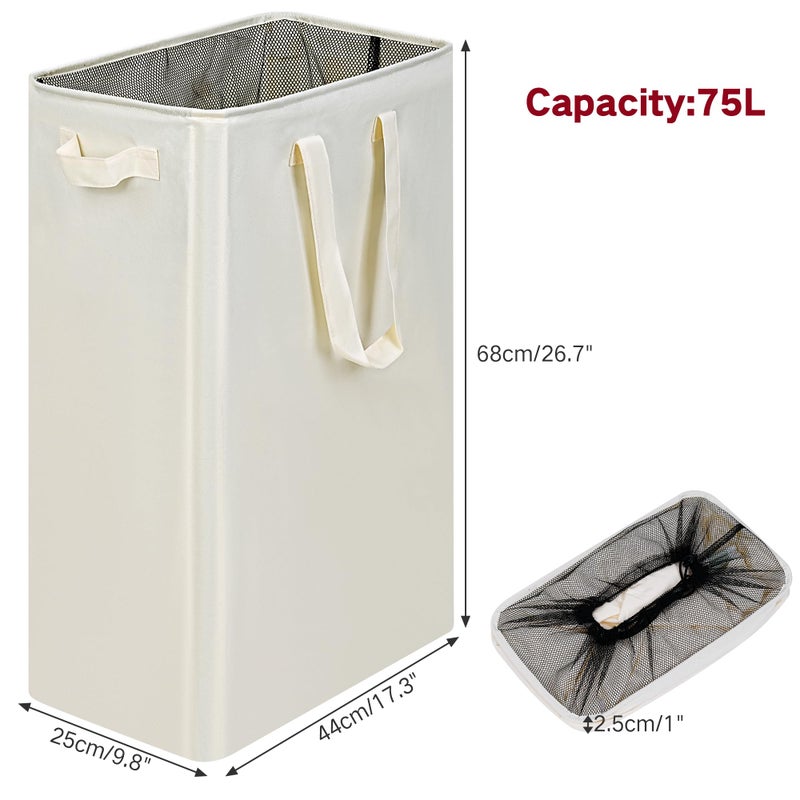 efluky Slim Laundry Basket, Narrow Laundry Hamper with Handles, Collapsible Dirty Clothes Hamper, Tall Laundry Bin for Laundry Room, Dorm and Bedroom, 19.8 Gallon (75L) Beige - Image 2
