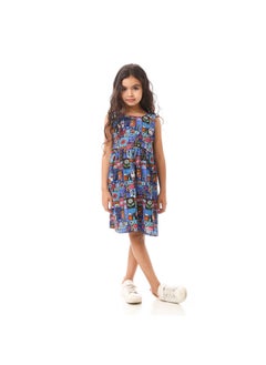 Andora Multi-Printed Bow Girl Dress - Royal Blue  - Image 1