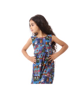 Andora Multi-Printed Bow Girl Dress - Royal Blue  - Image 2