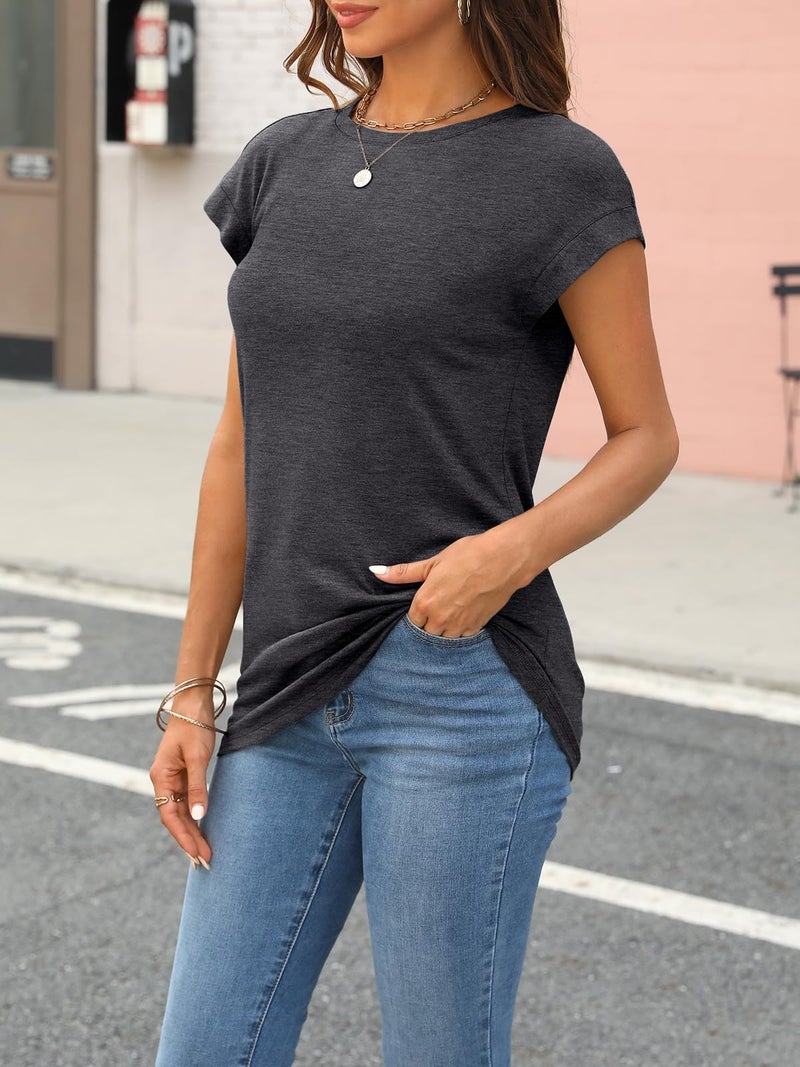 AUTOMET Women's Cap Sleeve Tops for Summer - Soft Stretchy Versatile Shirts for Office Casual Date Everyday Wear BlackGrey L - Image 3