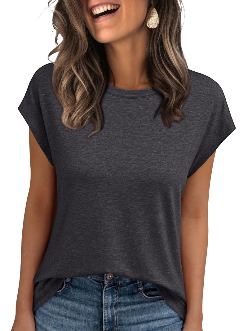AUTOMET Women's Cap Sleeve Tops for Summer - Soft Stretchy Versatile Shirts for Office Casual Date Everyday Wear BlackGrey L - Image 1