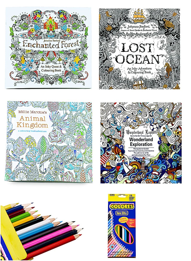 4 Art Colouring Book Multicolour and 12 High Quality Colored Pencils,Secret Garden Adult Decompression Coloring Book Stress Relief Hand-Painted Picture Painting Picture Book 25x25cm