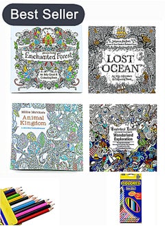 Merrystick 4 Art Colouring Book Multicolour and 12 High Quality Colored Pencils,Secret Garden Adult Decompression Coloring Book Stress Relief Hand-Painted Picture Painting Picture Book 25x25cm  - Image 1