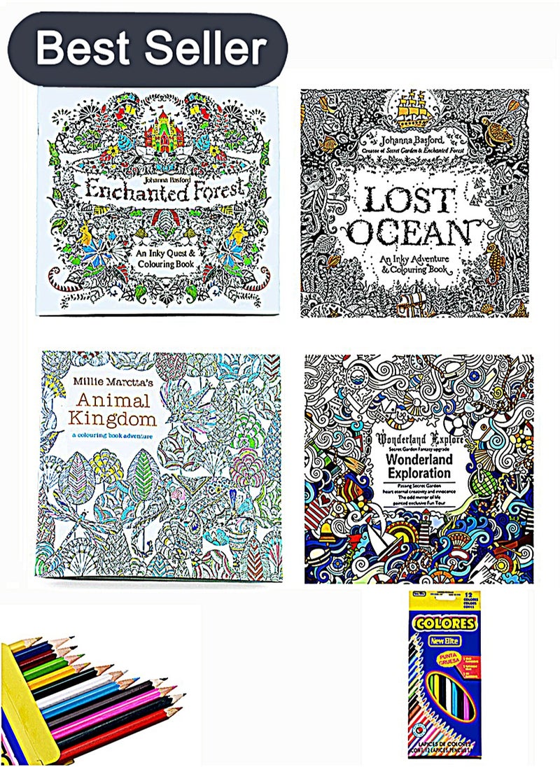 ميري ستيك 4 كتب تلوين فنية متعددة الألوان و12 قلم رصاص ملون عالي الجودة، كتاب تلوين Secret Garden للكبار لتخفيف التوتر، كتاب صور مرسومة يدويًا، 25 × 25 سم  - Image 1