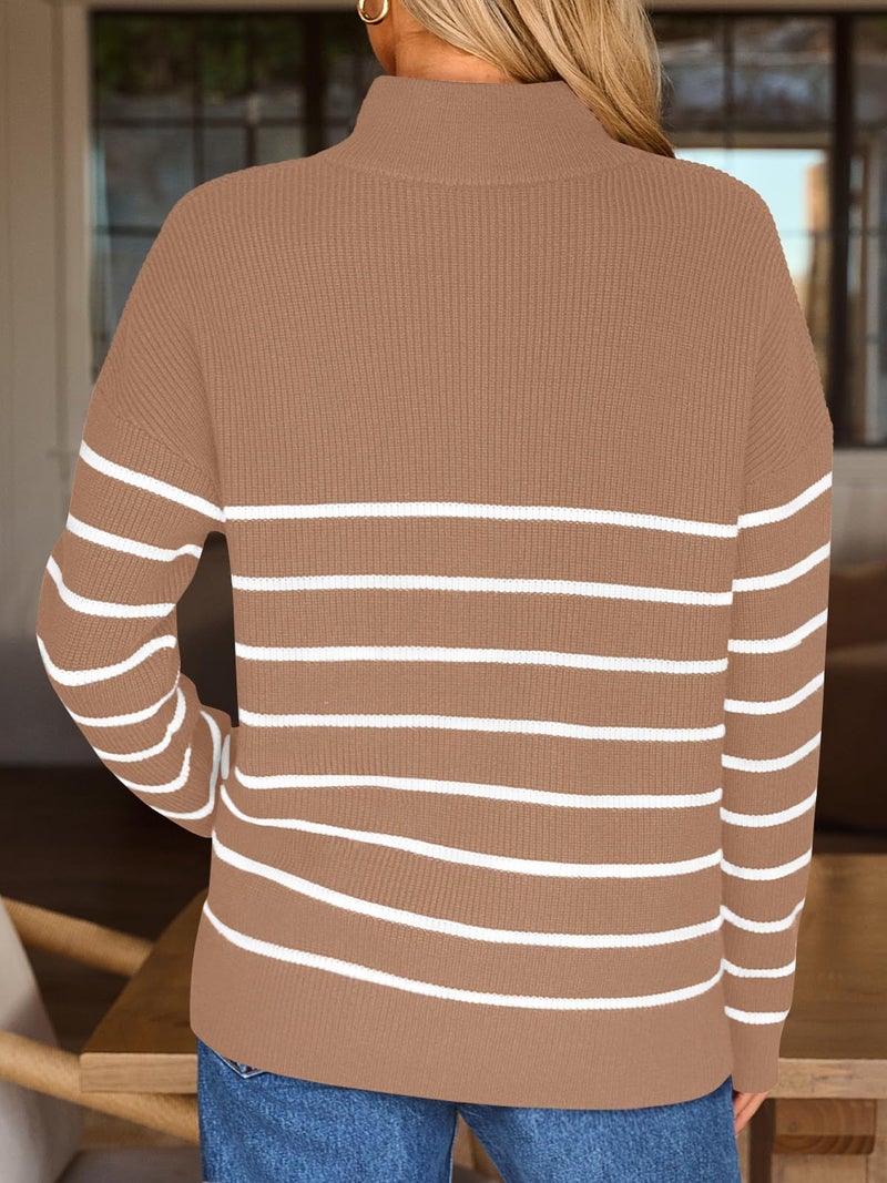 LILLUSORY Women's Quarter Zip Striped Oversized Sweater 2026 Mock Turtleneck Fall Fashion Outfit DarkApricot-White S - Image 4