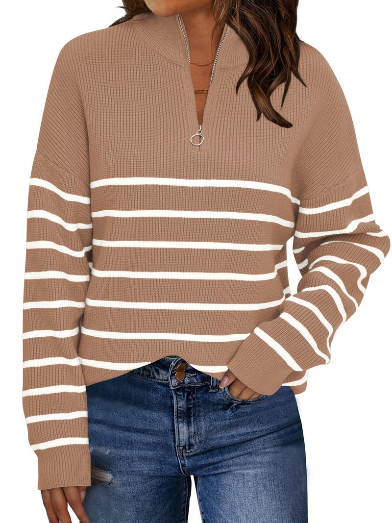 LILLUSORY Women's Quarter Zip Striped Oversized Sweater 2026 Mock Turtleneck Fall Fashion Outfit DarkApricot-White S - Image 1