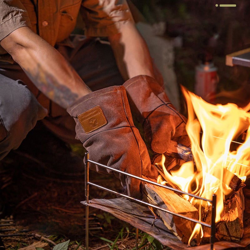 Campingmoon Outdoor Gloves: Brown Leather Double Layer Detachable Heat Insulation Gloves - Flame Retardant Wear Resistant Gloves for Outdoor Firewood Cutting Fire Burning Barbecue Use - Image 2