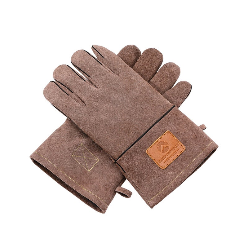 Campingmoon Outdoor Gloves: Brown Leather Double Layer Detachable Heat Insulation Gloves - Flame Retardant Wear Resistant Gloves for Outdoor Firewood Cutting Fire Burning Barbecue Use - Image 1