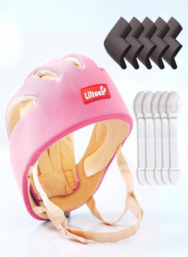Liltoes Baby Safety Products Combo | LILTOES Baby Head Protector + Edge Guard + Cabinet Lock for Safety of Kids 6M to 3 Years | Baby Safety Helmet with Corner Guard Protection (Pink+Corner+Cabinet) - Image 1