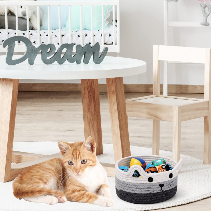Zopeal Cat Basket Storage Woven Organizer with Ears Easter Decorative Gift Pet Toy Cute Cotton Rope Basket for Gift Cat Dog Toy Bin Nursery Room(8.3 x 4.7 Inch,White, Light Gray and Gray) - Image 3