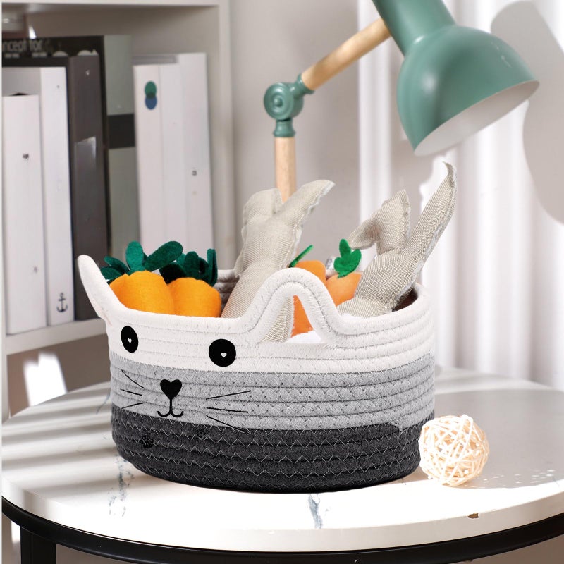 Zopeal Cat Basket Storage Woven Organizer with Ears Easter Decorative Gift Pet Toy Cute Cotton Rope Basket for Gift Cat Dog Toy Bin Nursery Room(8.3 x 4.7 Inch,White, Light Gray and Gray) - Image 5