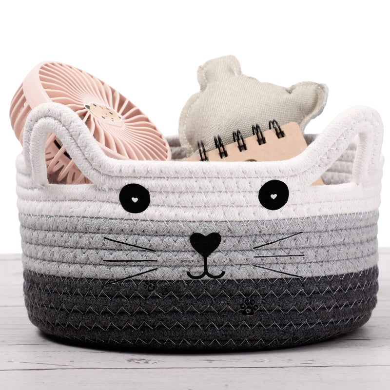 Zopeal Cat Basket Storage Woven Organizer with Ears Easter Decorative Gift Pet Toy Cute Cotton Rope Basket for Gift Cat Dog Toy Bin Nursery Room(8.3 x 4.7 Inch,White, Light Gray and Gray) - Image 1