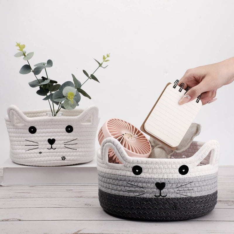 Zopeal Cat Basket Storage Woven Organizer with Ears Easter Decorative Gift Pet Toy Cute Cotton Rope Basket for Gift Cat Dog Toy Bin Nursery Room(8.3 x 4.7 Inch,White, Light Gray and Gray) - Image 4