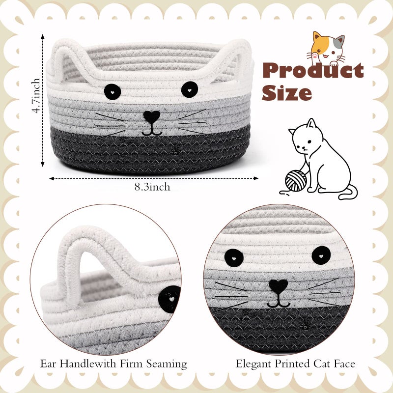 Zopeal Cat Basket Storage Woven Organizer with Ears Easter Decorative Gift Pet Toy Cute Cotton Rope Basket for Gift Cat Dog Toy Bin Nursery Room(8.3 x 4.7 Inch,White, Light Gray and Gray) - Image 2