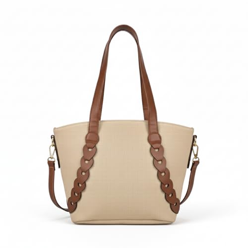 ENSAC Premium Cotton Jute Tote Bag for Women, Stylish Handbag for women with Zip Closure | Fit for Office Bag, College, Travel Use | Handcrafted in India (Beige) - Image 1