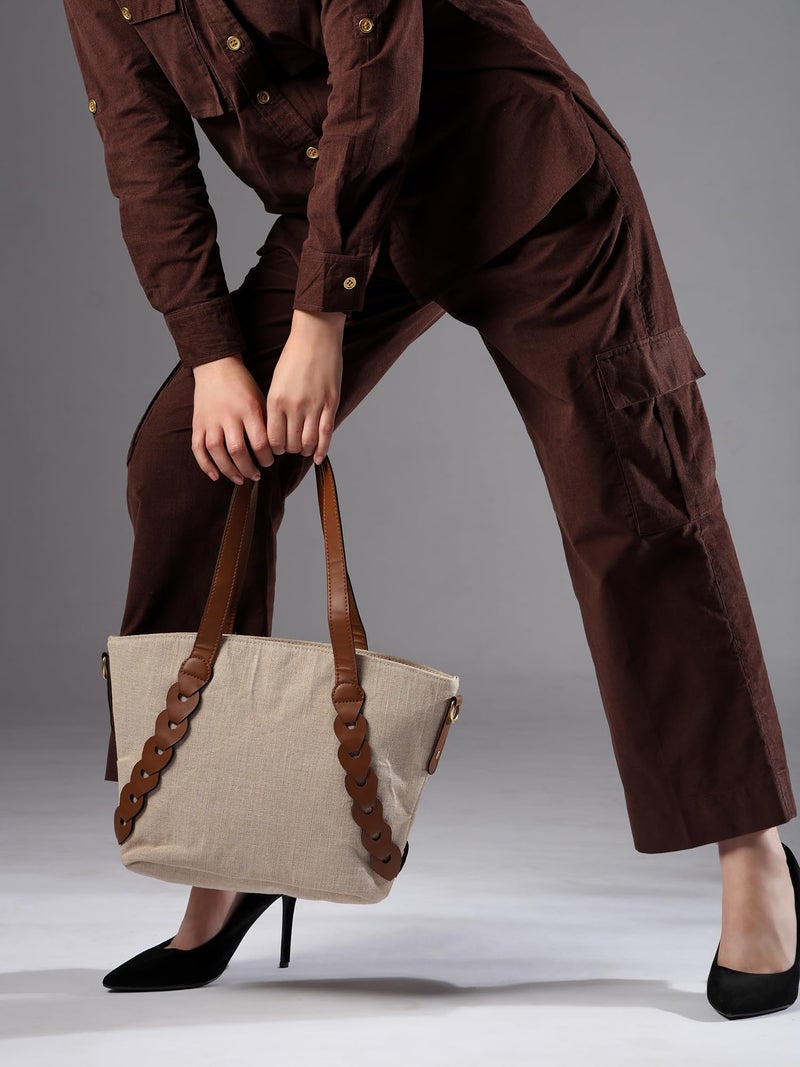 ENSAC Premium Cotton Jute Tote Bag for Women, Stylish Handbag for women with Zip Closure | Fit for Office Bag, College, Travel Use | Handcrafted in India (Beige) - Image 3