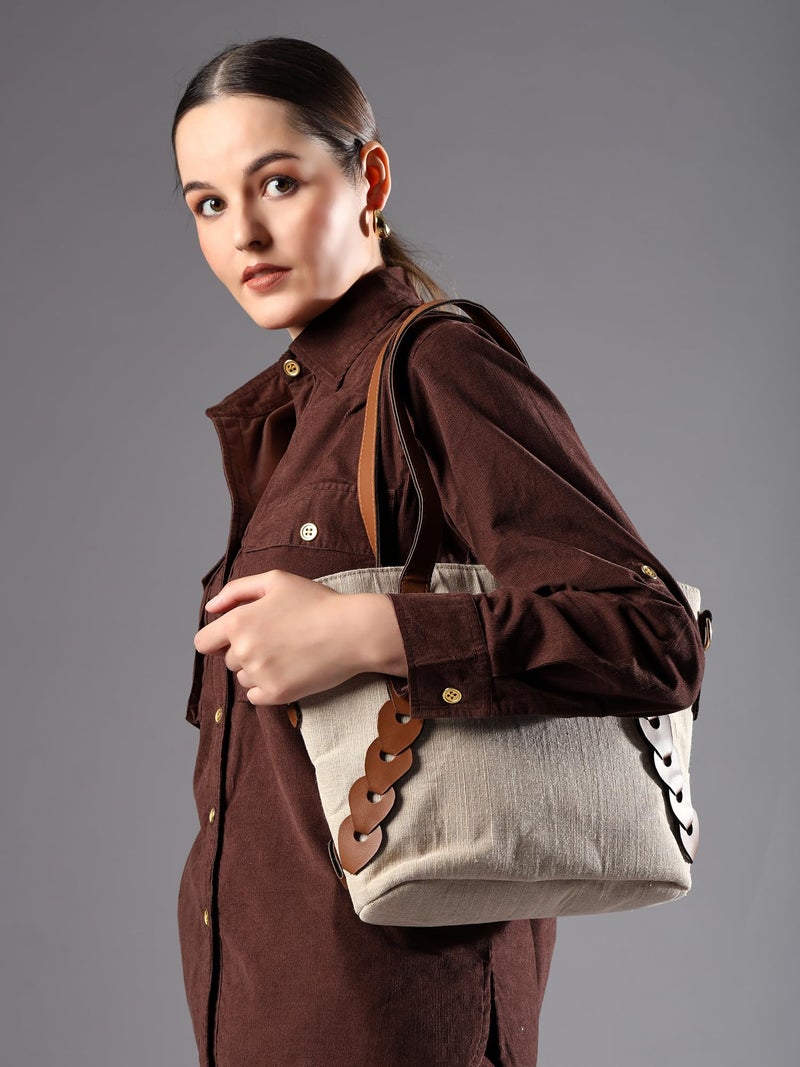 ENSAC Premium Cotton Jute Tote Bag for Women, Stylish Handbag for women with Zip Closure | Fit for Office Bag, College, Travel Use | Handcrafted in India (Beige) - Image 5