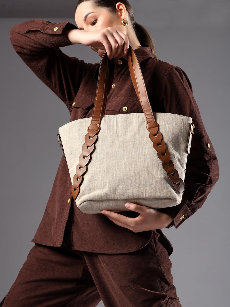 ENSAC Premium Cotton Jute Tote Bag for Women, Stylish Handbag for women with Zip Closure | Fit for Office Bag, College, Travel Use | Handcrafted in India (Beige) - Image 2