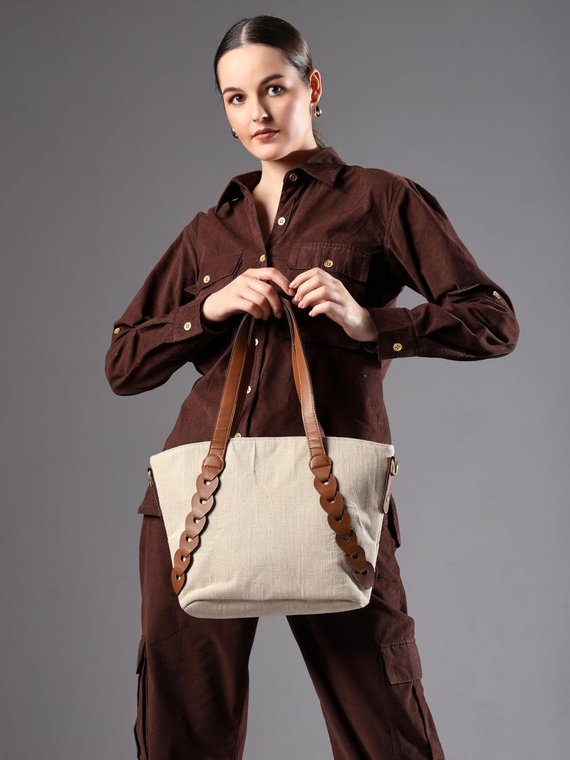 ENSAC Premium Cotton Jute Tote Bag for Women, Stylish Handbag for women with Zip Closure | Fit for Office Bag, College, Travel Use | Handcrafted in India (Beige) - Image 4