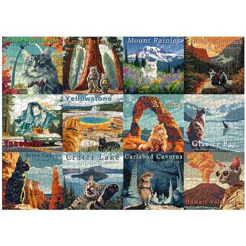 PICKFORU Cat Puzzles for Adults 1000 Pieces and up National Parks Puzzle Series Kitty Travels Yellowstone Glacier PICKFORU Funny Cat Jigsaw Puzzles as Home Decor - Image 5
