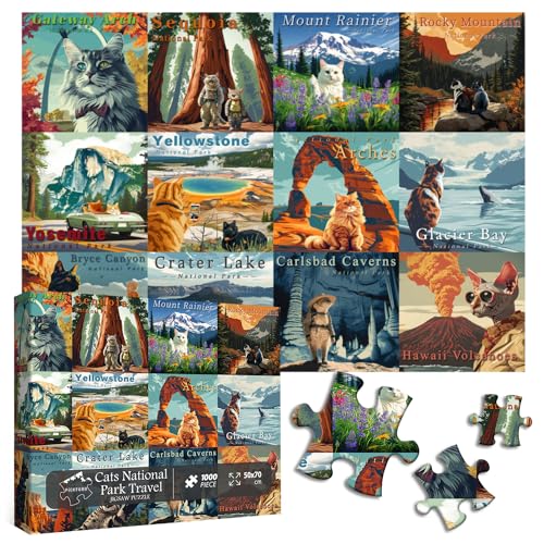 PICKFORU Cat Puzzles for Adults 1000 Pieces and up National Parks Puzzle Series Kitty Travels Yellowstone Glacier PICKFORU Funny Cat Jigsaw Puzzles as Home Decor - Image 1