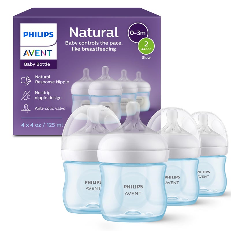 Philips Avent Natural Baby Bottles with Natural Response Nipples Slow Flow Flow 2 4oz Blue 4Pack SCY90024