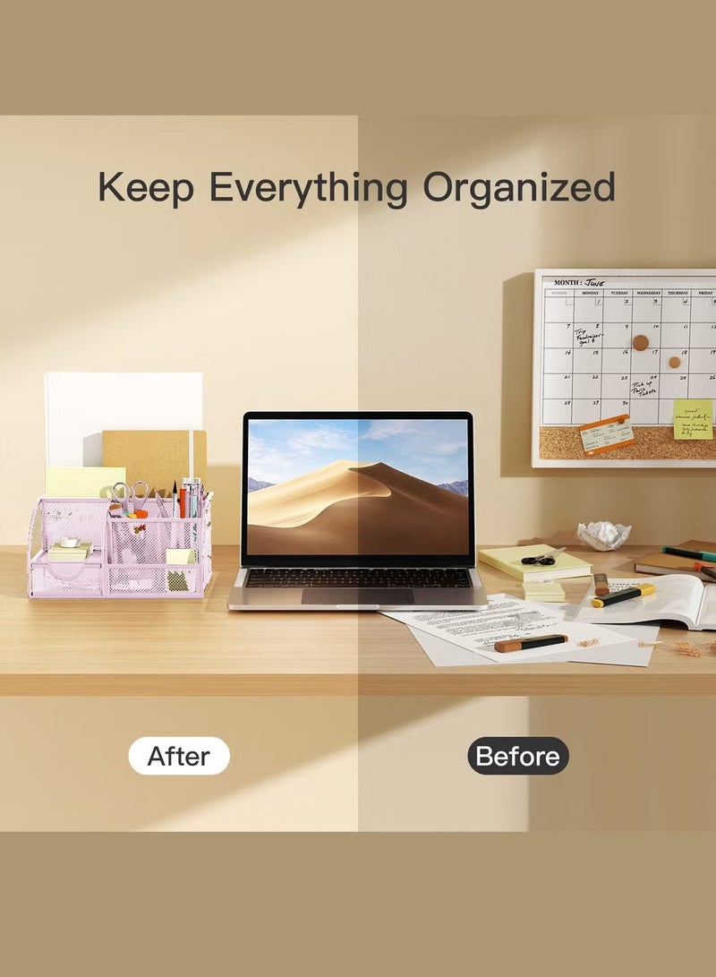 Mesh Desk Organizer - Multifunctional Desktop Stationery Organizer for School Office Supplies Holder with 6 Compartments and 1 Drawer, Office Pen Holder for Desk - Image 2