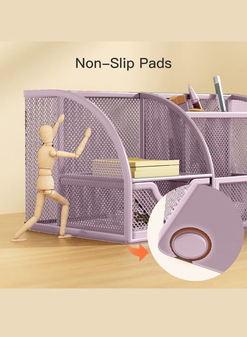 Mesh Desk Organizer - Multifunctional Desktop Stationery Organizer for School Office Supplies Holder with 6 Compartments and 1 Drawer, Office Pen Holder for Desk - Image 5