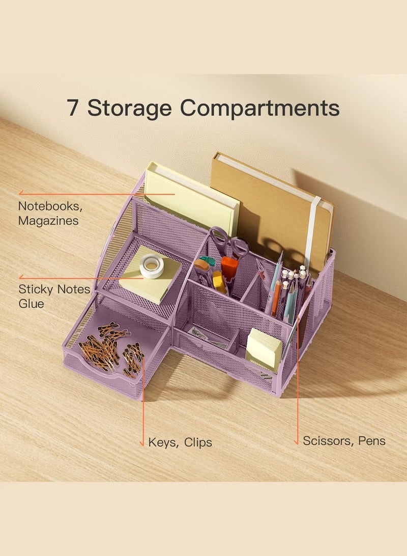 Mesh Desk Organizer - Multifunctional Desktop Stationery Organizer for School Office Supplies Holder with 6 Compartments and 1 Drawer, Office Pen Holder for Desk - Image 3