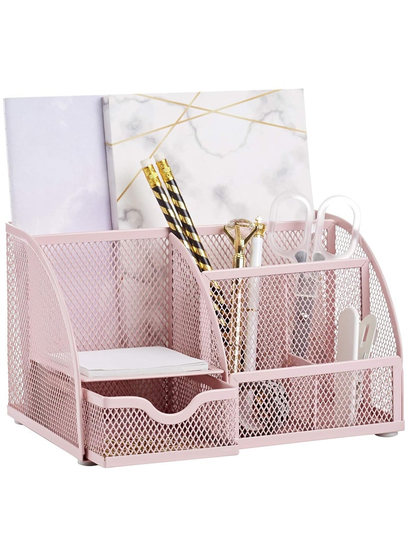 Mesh Desk Organizer - Multifunctional Desktop Stationery Organizer for School Office Supplies Holder with 6 Compartments and 1 Drawer, Office Pen Holder for Desk - Image 1