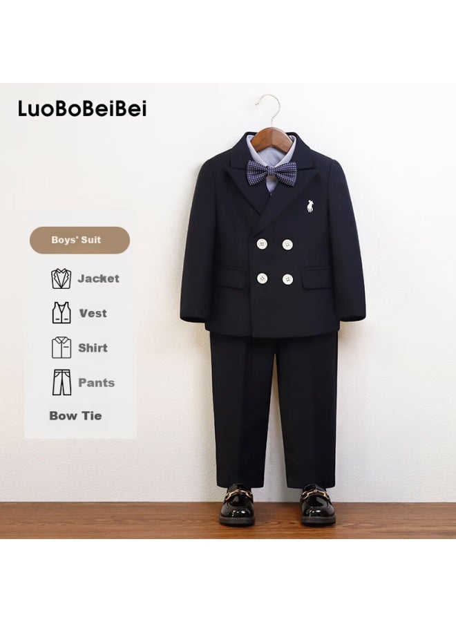 Luobobeibei Boys' Vest Set Casual Suit Flower Boy Formal Wear Performance Outfit Spring And Autumn 2025 Navy Blue Five-piece Set Size 130 - Image 1