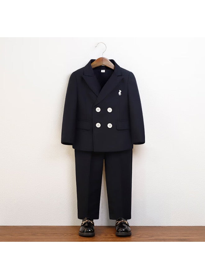 Luobobeibei Boys' Vest Set Casual Suit Flower Boy Formal Wear Performance Outfit Spring And Autumn 2025 Navy Blue Five-piece Set Size 130 - Image 2