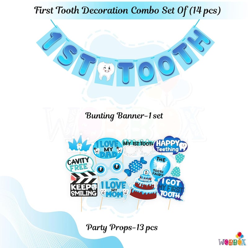 WOBBOX أدوات حفلة صور ووبوكس للأسنان الأولى (13 قطعة) مع لافتة أسنان أولى، تدرج لون أزرق مع خط أنيق، زينة الأسنان الأولى، عناصر زينة الأسنان الأولى للرضع - Image 2