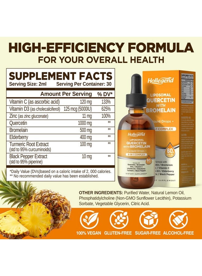 Hollegend قطرات سائلة من كيرسيتين ليبوسومال مع بروميلين، 8 في 1 مكملات كيرسيتين عضوية 1000 ملغ مع بروميلين 500 ملغ، فيتامين C، D3، زنك، توت البلسان، كركم لصحة المناعة والجهاز التنفسي، 2 أونصة سائلة - Image 2