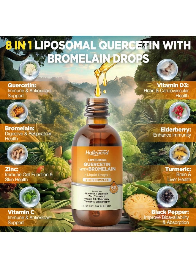Hollegend قطرات سائلة من كيرسيتين ليبوسومال مع بروميلين، 8 في 1 مكملات كيرسيتين عضوية 1000 ملغ مع بروميلين 500 ملغ، فيتامين C، D3، زنك، توت البلسان، كركم لصحة المناعة والجهاز التنفسي، 2 أونصة سائلة - Image 3