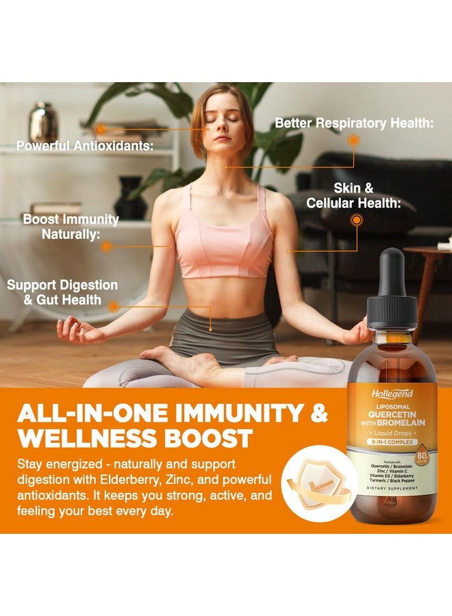Hollegend قطرات سائلة من كيرسيتين ليبوسومال مع بروميلين، 8 في 1 مكملات كيرسيتين عضوية 1000 ملغ مع بروميلين 500 ملغ، فيتامين C، D3، زنك، توت البلسان، كركم لصحة المناعة والجهاز التنفسي، 2 أونصة سائلة - Image 4