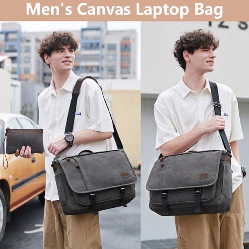 NerIion Nerlion Messenger Bag for Men 17-17.3 Inch Laptop Bag Canvas Water-resistant Computer Bag Shoulder Bag Work Briefcase Bookbag for College (Gray) - Image 2