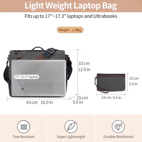NerIion Nerlion Messenger Bag for Men 17-17.3 Inch Laptop Bag Canvas Water-resistant Computer Bag Shoulder Bag Work Briefcase Bookbag for College (Gray) - Image 4