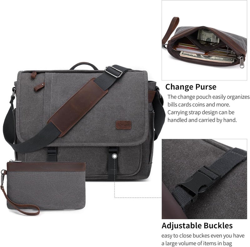 NerIion Nerlion Messenger Bag for Men 17-17.3 Inch Laptop Bag Canvas Water-resistant Computer Bag Shoulder Bag Work Briefcase Bookbag for College (Gray) - Image 3