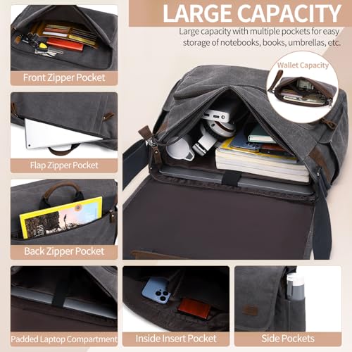 NerIion Nerlion Messenger Bag for Men 17-17.3 Inch Laptop Bag Canvas Water-resistant Computer Bag Shoulder Bag Work Briefcase Bookbag for College (Gray) - Image 5