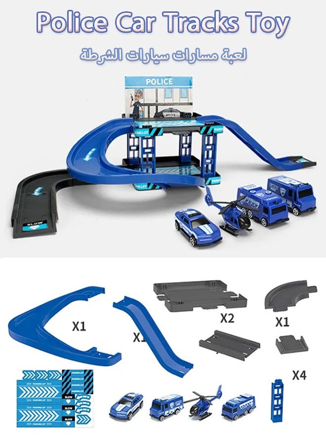 Police car Race Tracks Set With 4 Cars And Plenty Of Accessories, Kids Race Track Toys for Boys, Toddler Car Adventure Toys for Boys Girls, Puzzle Rail City Rescue Game Playset Preschool Educational Birthday Gifts for Kids（Blue）  - Image 1