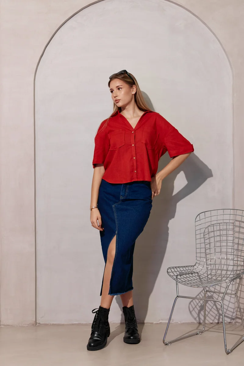 فيرجيو Solid Linen Collared Shirt With Boxy Fit for Women