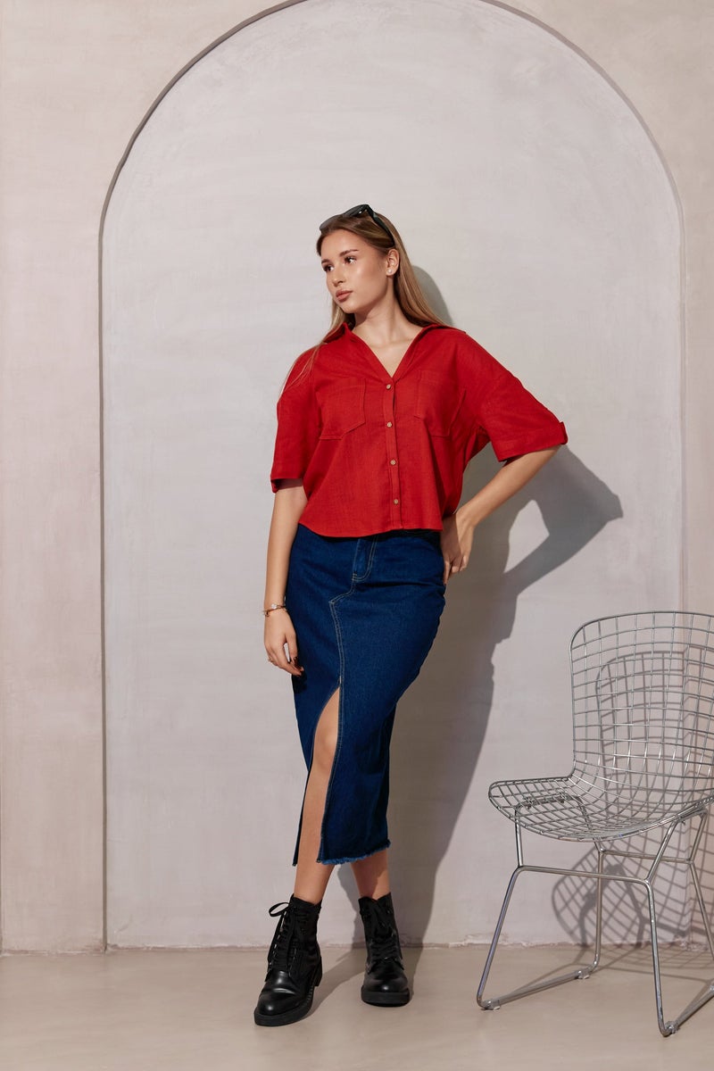 Virgio Solid Linen Collared Shirt With Boxy Fit for Women - Image 1