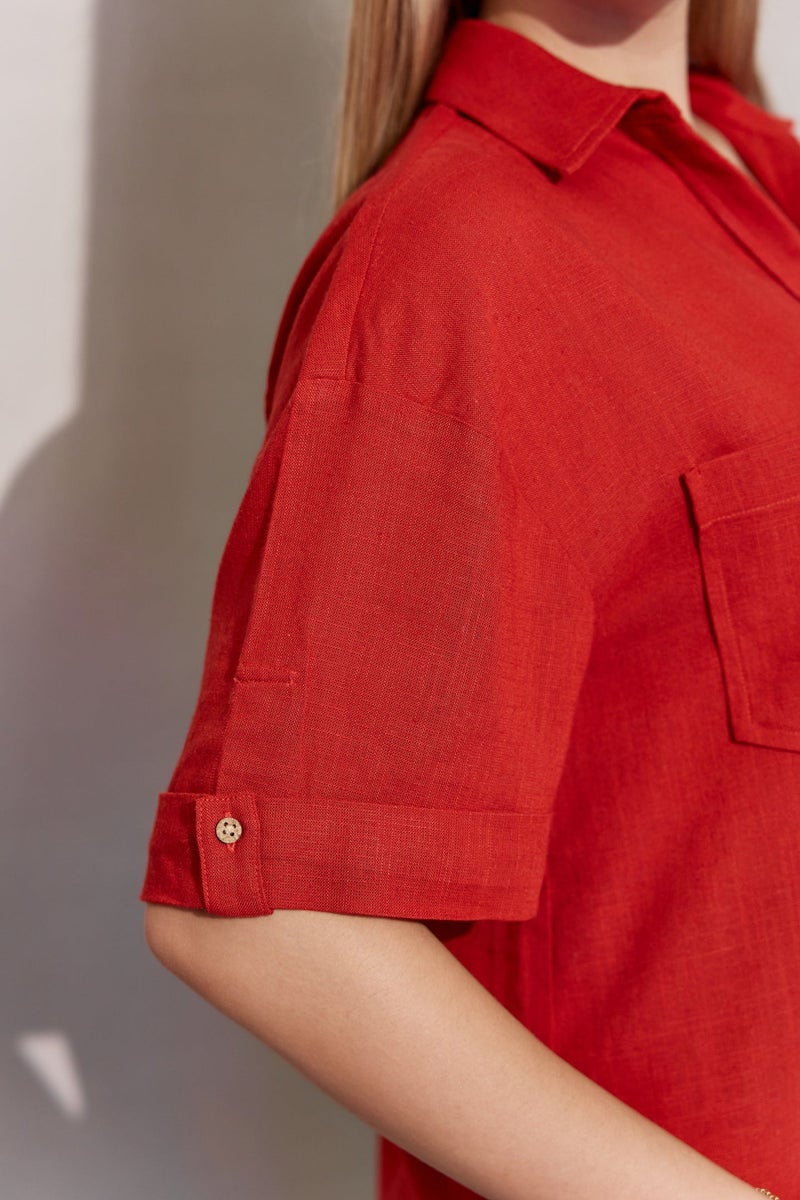 Virgio Solid Linen Collared Shirt With Boxy Fit for Women - Image 4